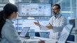 © Mr image - - A clinical research coordinator presenting trial results to a team, with detailed charts and findings