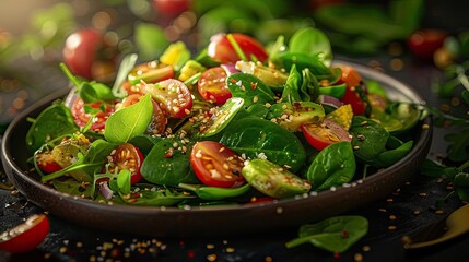 Wall Mural - Fresh mixed green salad with cherry tomatoes and sesame seeds, beautifully presented on a dark rustic plate.