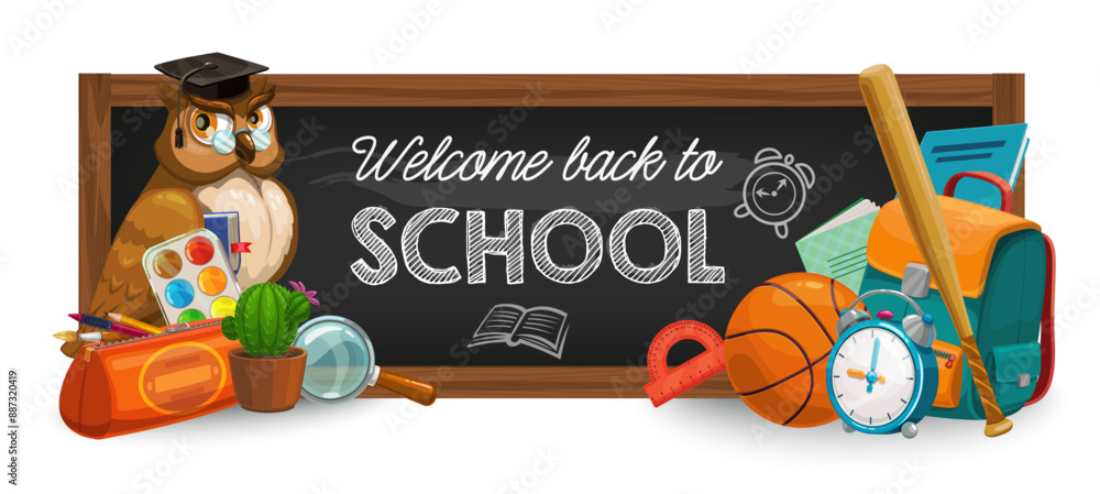 Back to school education banner and blackboard with student supplies ...