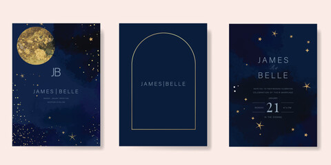 Wall Mural - Navy Blue Luxury Wedding Invitation, start invite thank you, rsvp modern card Design in Night sky with  little star moon sun and space decorative Vector elegant rustic template