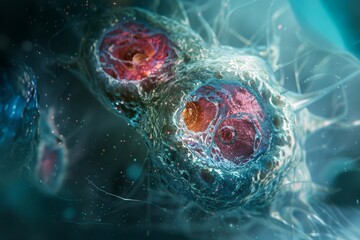 Wall Mural - Nucleolus Reassembly: An image showing the nucleolus reappearing within the newly formed daughter nuclei during telophase.