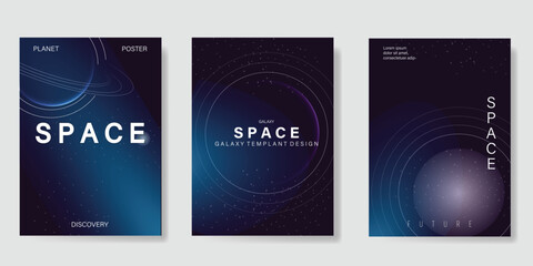Planet and galaxy Space card vector set. Solar system with galaxy planets, asteroids, jupiter, saturn, mars, moon, ring line solar. Cosmic design for flyer, brochure, background, poster, cover.