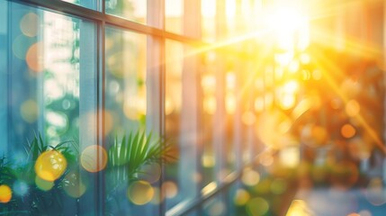 Modern business office environments blur the background, and the morning or evening sunlight reflects on the window glass