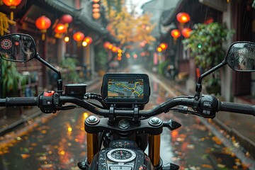 Poster - A motorcycle is parked in the rain with a screen on the handlebars showing a map