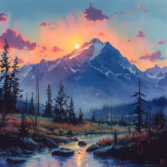 Wall Mural - Dawn Breaks Over the Mountain: A Serene Morning Scene