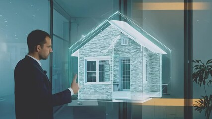 Poster - A businessman uses a digital interface to view and interact with a 3D model of a house.