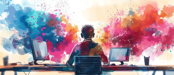 A person sitting in front of two computer monitors with colorful abstract artwork behind them.