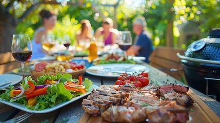 Backyard dinner tables feature delicious barbecue meats, salads, and red wine, with happy, joyful people in the background. 