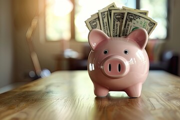 Piggy Bank with Dollar Bills in Children's Room