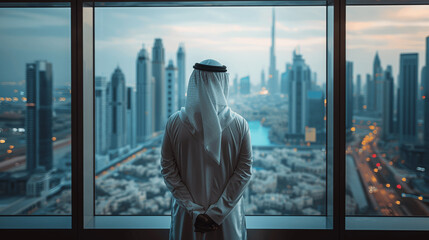 Arab Man in White Thobe Standing in Office Overlooking Dubai Skyline