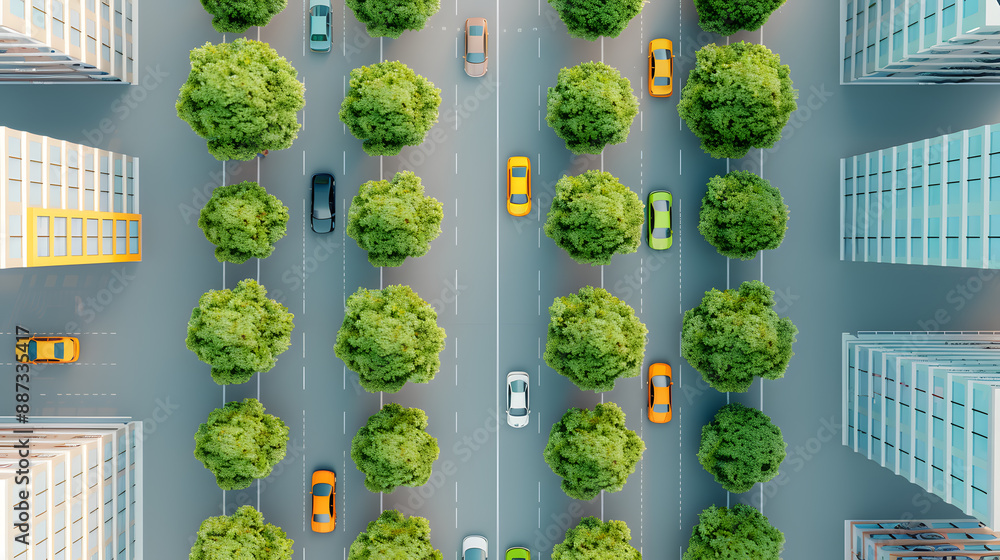 The innovative top view of transportation city model with trees and ...