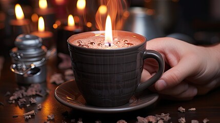 Canvas Print - Hot chocolate in handcrafted mug warming up hands on a rainy day., generative IA  