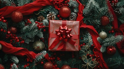 Wall Mural - christmas and new year s top view of red gift box with ribbons and decorated tree