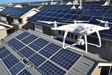 Wall Mural - Drone inspecting solar panels on a building roof