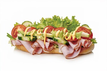 Wall Mural - Fresh sandwich with ham and vegetables on white background