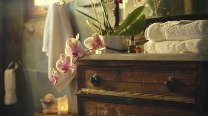 Wall Mural - Antique drawer spa towels and orchid blossoms in a blurry bathroom