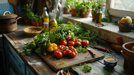 Wall Mural - A cozy kitchen with fresh vegetables and herbs on a wooden cutting board