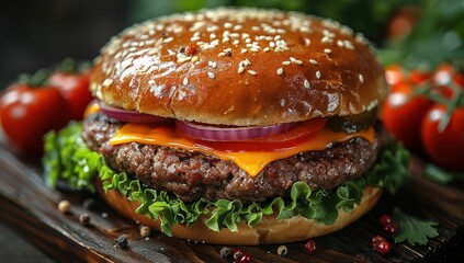 Wall Mural - Juicy Cheeseburger on a Wooden Board