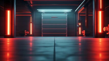 Wall Mural - Futuristic corridor with red neon lights and metallic door, 3D illustration.