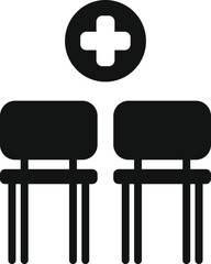 Canvas Print - Black and white icon of two chairs sitting under a medical cross, representing a waiting room