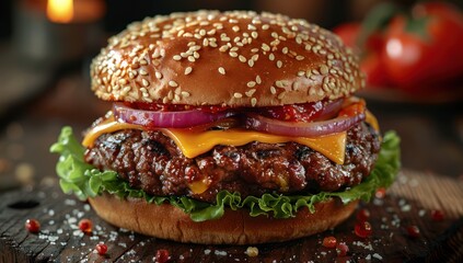 Wall Mural - Juicy Cheeseburger with Sesame Seed Bun