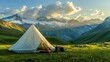 © Imron - A big white camping tent with camping gears in a green grass with mountains and blue sky with white clouds in the background