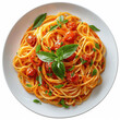 © btiger - Ultra Realistic Photo of Spaghetti with Tomato Sauce on White Plate, Italian Cuisine Top View