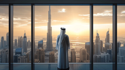 Arab man in white thobe looking at Dubai skyline through office window realistic generative ai illustration