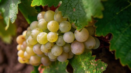 Wall Mural - A close-up view of a cluster of green grapes hanging from a vine. The grapes are illuminated by the warm summer sun, casting a glow on their smooth skin