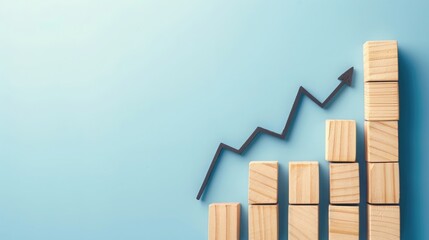 Blue background with wooden blocks displaying a growth graph and upward arrow, signifying business development in financial growth planning. Flat lay, high quality, no realistic photo details