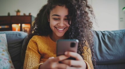 Wall Mural - A young woman with curly hair sits on a couch in her living room, smiling brightly as she looks down at her smartphone