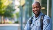© Art Genie - Smiling male security guard in uniform posing confidently in front of a building, embodying the vigilance and responsibility required for professional security duties