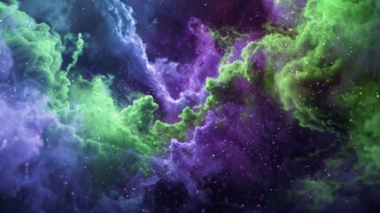 Abstract green, purple, and blue smoke with sparkling particles.
