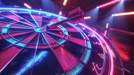 A close-up of a neon lit dartboard with a single dart embedded in the center, illuminated by a pink and blue spotlight