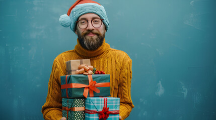 Wall Mural - Man in Santa hat carrying stack of Christmas gifts Delivery service concept 