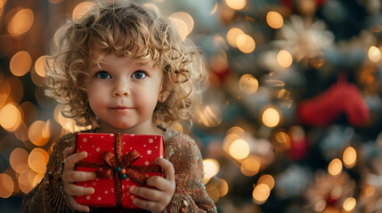 Wall Mural - Curly-haired child holding red Christmas present adorned tree in the background