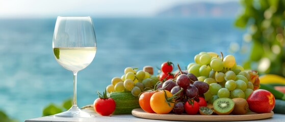 fruit plate forward, wine glass nearby, water background recedes