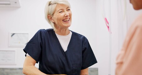 Poster - Woman, veterinary and happy with pet owner in clinic for animal welfare, consultation and vaccine. People, doctor and smile in conversation for medical checkup with care, support and helping