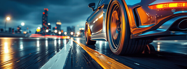 Blue luxury SUV speeding on nighttime highway with city skyline, close-up of wheels in motion blur