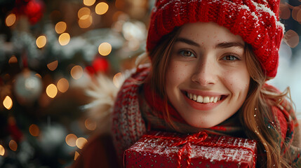 Wall Mural - Smiling girl with curly hair holding red Christmas present festive background with tree Holiday happiness concept 