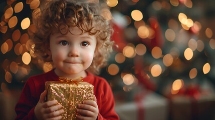 Wall Mural - Curly-haired toddler in red holding a golden gift with Christmas lights in the background Holiday cheer concept 