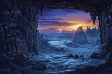 Mysterious alien landscape with rock formations and distant starry sky