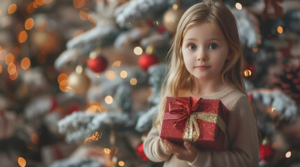 Wall Mural - Young girl holding red gift box near Christmas tree with festive decorations Holiday cheer concept 