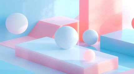 Abstract Futuristic 3D Render Minimalistic Style with Floating Geometric Shapes Isometric Design, Light Color Theme, Bright Background, and Soft Lighting