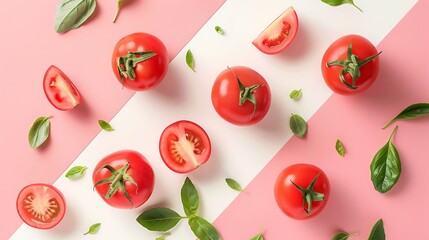 Poster - Creative layout made of tomato and leaves on pink and white background Flat lay Food concept : Generative AI