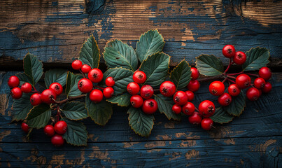 festive christmas tree branch with red berries on aged wooden background for holiday decor and seaso