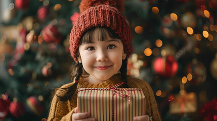 Smiling young girl with a striped gift box in front of a decorated Christmas tree 