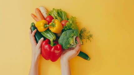 Wall Mural - Female hands holding fresh vegetables on yellow background : Generative AI