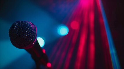 Poster - Professional microphone on black background with bokeh lights in rays of bluered light closeup Web banner with copy space for design : Generative AI