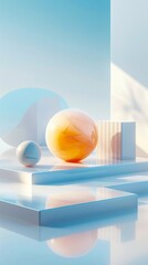 Abstract Futuristic 3D Render Minimalistic Style with Floating Geometric Shapes Isometric Design, Light Color Theme, Bright Background, and Soft Lighting